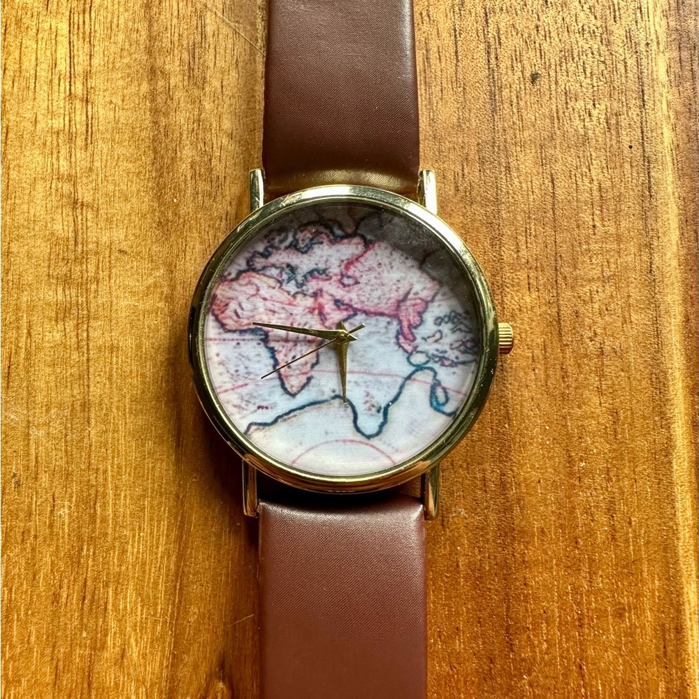 World Map Eastern Hemisphere Gold Watch with Brown Faux Leather Band